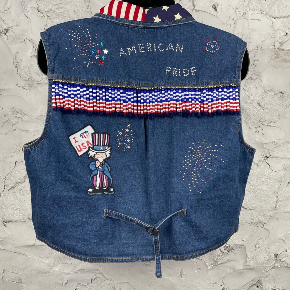 Y Not Sportswear Patriotic Denim Vest 2X American Pride Uncle Sam Beaded Fringe